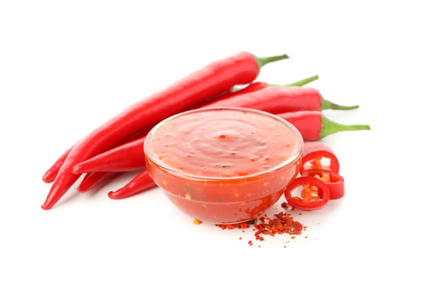 istock Chilli pepper and bowl of sauce isolated on white background 1222720188