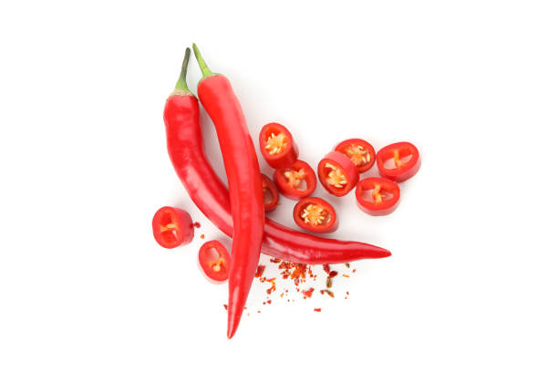 istock Tasty red chilli peppers isolated on white background 1222720658
