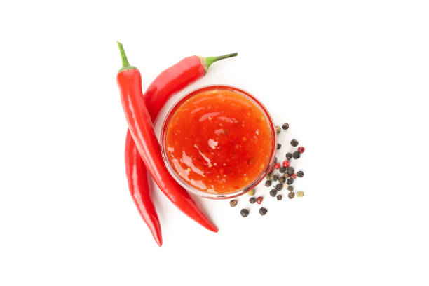 istock Chilli pepper and bowl of sauce isolated on white background 1222721776