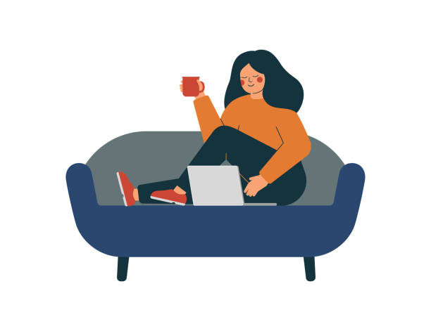 Young woman is working at the laptop and having coffee time. Young woman is working at the laptop and having coffee time. Girl is sitting on the couch at home and using a computer. Vector illustration in flat style. woman laptop stock illustrations