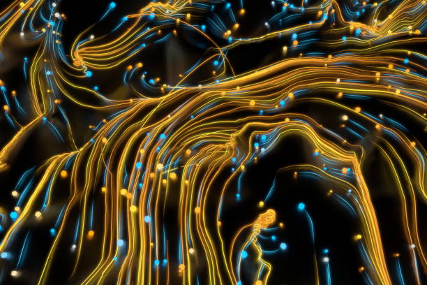 istock Neon glowing twisted cosmic lines on the glossy surface. Turbulence curls flow colorful motion. Fluid and smooth astronomy vortex swirl structure. 3d rendering Abstract creative modern background 1222723595