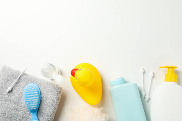 istock Baby hygiene accessories on white background, top view and space for text 1222723696