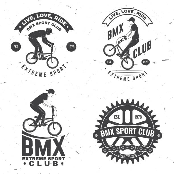 Set of bmx extreme sport club badge. Vector. Concept for shirt, logo, print, stamp, tee with man ride on a sport bicycle. Vintage typography design with bmx cyclist, bmx sprocket and chain silhouette Set of bmx extreme sport club badge. Vector. Concept for shirt, logo, print, stamp, tee with man ride on a sport bicycle. Vintage typography design with bmx cyclist, bmx sprocket and chain silhouette. bmx racing stock illustrations