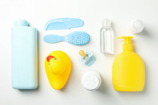 istock Flat lay with baby hygiene accessories on white background 1222723965