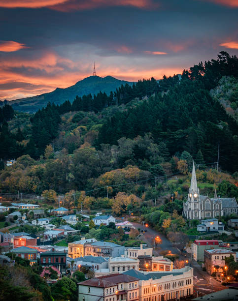 Sunset over Port Chalmers and Mount Cargill Sunset over Port Chalmers and Mount Cargill dunedin new zealand stock pictures, royalty-free photos & images