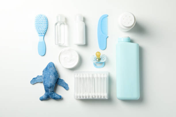 istock Flat lay with baby hygiene accessories on white background 1222724223