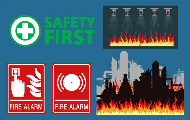 ilustrações, clipart, desenhos animados e ícones de sistema de alarme de incêndio, irrigador de fogo e incêndio de fábrica, segurança em primeiro lugar, ícones de emergência - smoke detector fire alarm sensor smoke