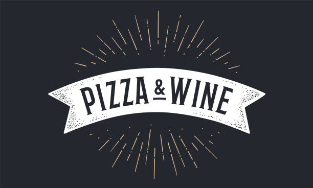 Flag ribbon Pizza Wine. Old school flag banner Flag ribbon Pizza Wine. Old school flag banner with text Pizza Wine. Ribbon flag in vintage style with linear drawing light rays, sunburst and rays of sun, text pizza wine. Vector Illustration pics for pizza pizza logo stock illustrations