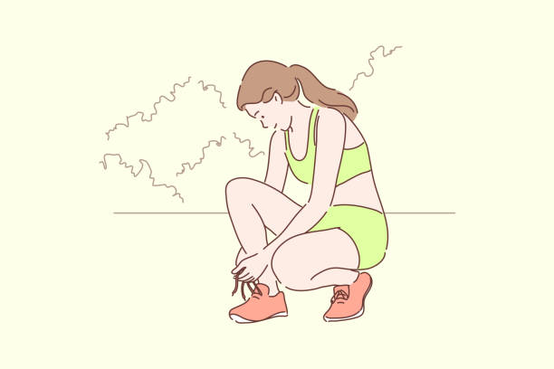 Sport, athletics, workout concept Sport, athletics, workout concept. Young happy woman girl teenager athlete cartoon character tying up shoelaces on sneakres at park. Recreation or preparation for race beginning and active lifestyle. tie game stock illustrations