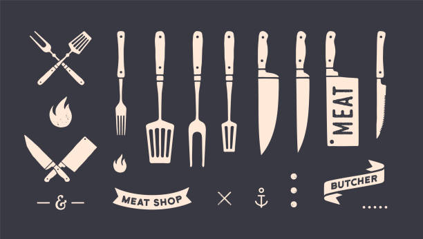 ilustraciones, imágenes clip art, dibujos animados e iconos de stock de conjunto gráfico vintage. conjunto de estandarte vintage, cinta - steak chef cooking meat