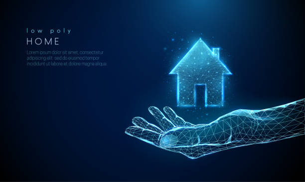 Open giving hand with country house icon. Open giving hand with country house icon. Low poly style design. Abstract geometric background. Wireframe light connection structure. Modern 3d graphic concept. Isolated vector illustration. property security stock illustrations