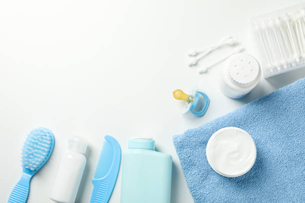 istock Baby hygiene accessories on white background, top view and space for text 1222726628
