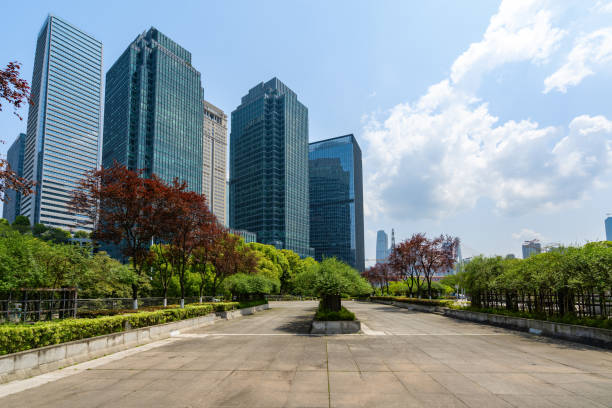 istock Office glass window and empty floor in financial district, Chongqing, China 1222727893