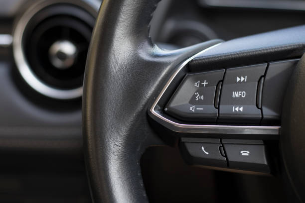 istock Control panel at the steering wheel for control the use of various applications in the car. 1222728124