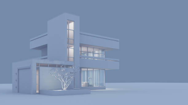istock Modern house with a balcony and a high staircase, project in gray materials with night lighting and light from the windows on a gray background. 3D stock illustration. 1222728393