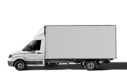 Delivery truck isolated on white background. There is a global path and paths for the shadow, the bilboard