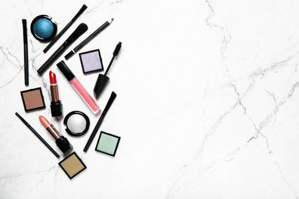 istock Set of decorative cosmetics. Top view, place for text. 1222728849