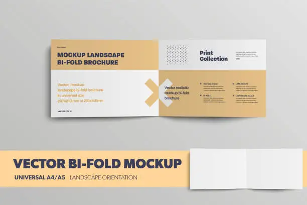 Vector illustration of Mockup vector bifold, inside, with abstract pattern, for design presentation. Universal landscape template A4, A5 booklet with realistic shadows.