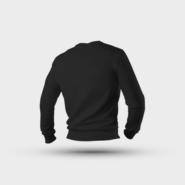 istock Mockup black male sweatshirt 3D rendering, textural blank pullover for presentation of design and advertising in an online store, rear view. 1222731098