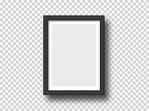 Black wall picture or photograph frame mock up isolated on light background. Rectangular banner or poster template, modern design element for decoration. Realistic vector illustration.