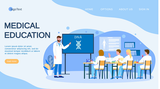 Medical conference and education about dna in clinic, vector illustration. Flat doctor study research in medicine science, landing. Team scientist student communicate in hospital office.
