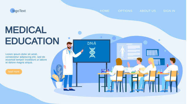 Medical conference and education about dna in clinic, vector illustration. Flat doctor study research in medicine science, landing vector art illustration