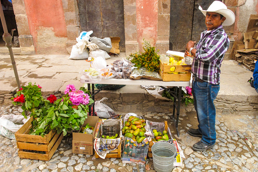Real de Catorce, San Luis Potosi, Mexico, September 11 -- A street vendor in the ancient town of Real de Catorce in the state of San Luis Potosi in central Mexico. Founded in 1772, Real de Catorce is located at 2750 meters above sea level and can only be reached through the 2.3 km long Ogarrio tunnel.