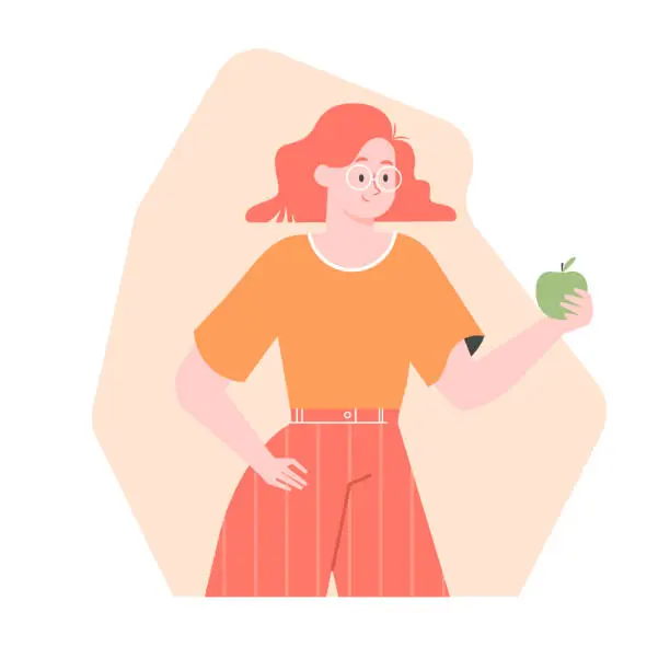Vector illustration of Girl waist-high with an apple. Proper nutrition, diet and a healthy lifestyle. Vector flat illustration with character.