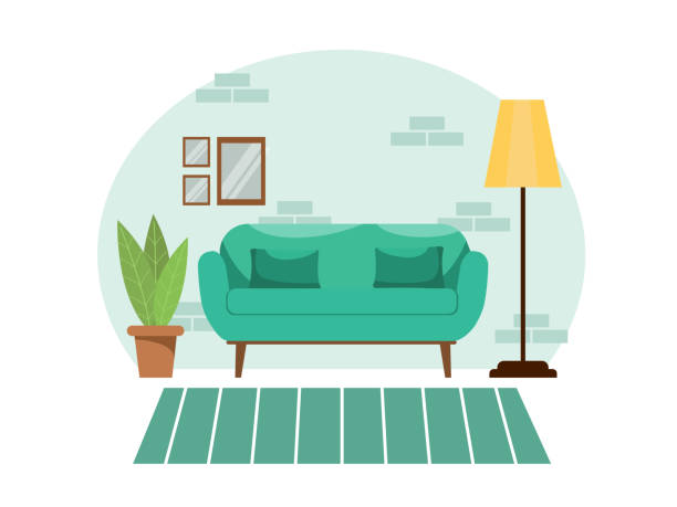 Bright comfortable cozy living room interior in Bright comfortable cozy living room interior in green pastel colors on a white isolated background. Modern flat design style with flower sofa and floor lamp. Vector stock illustration. living room stock illustrations