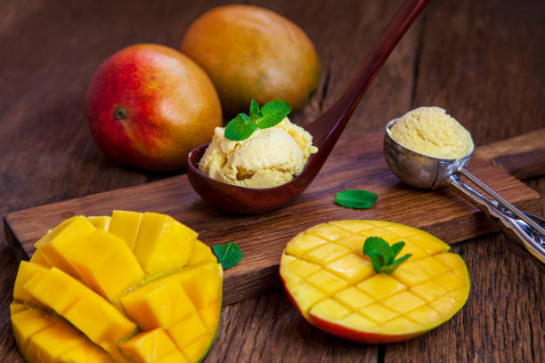 istock ice cream with mango pulp, garnished with mint, on wooden background 1222735463