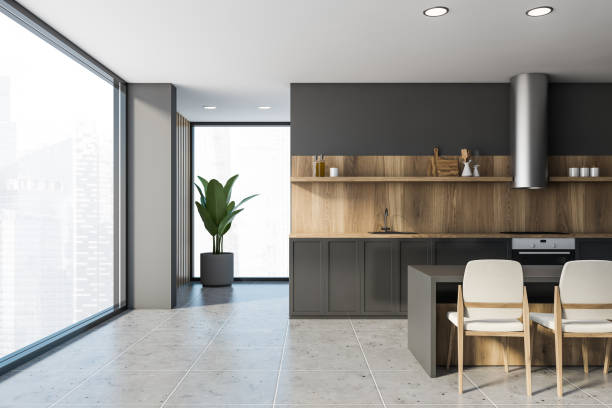 istock Gray and wooden panoramic kitchen with bar 1222736056