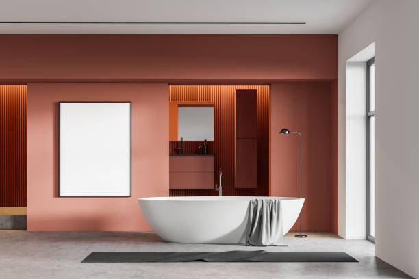 istock Orange and white bathroom interior with poster 1222736077