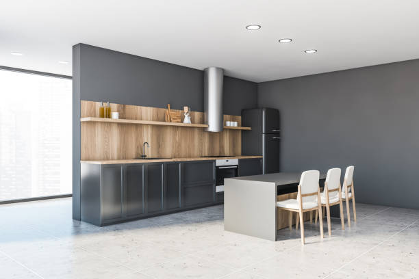 istock Gray and wooden kitchen corner with bar 1222737163