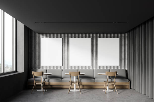 istock Poster gallery in loft restaurant with sofa 1222737542