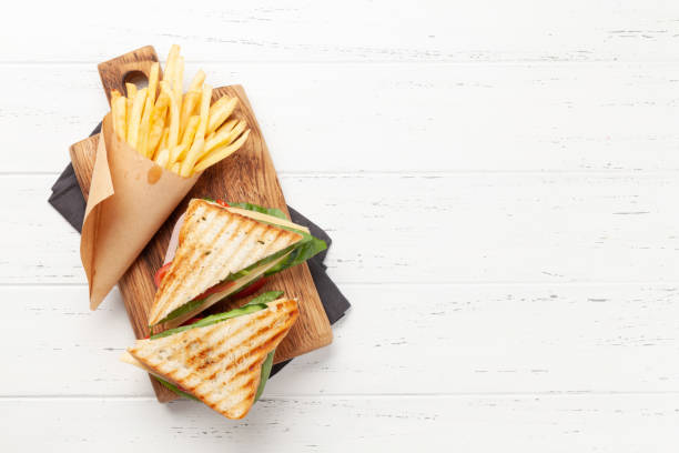 potato fries and club sandwich - sandwich club sandwich ham turkey imagens e fotografias de stock