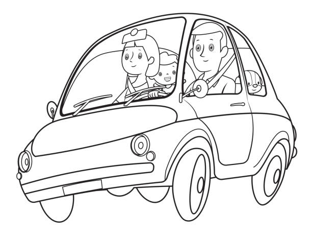 Black And White, Family On A Road Trip Vector Black And White, Family On A Road Trip coloring illustrations stock illustrations