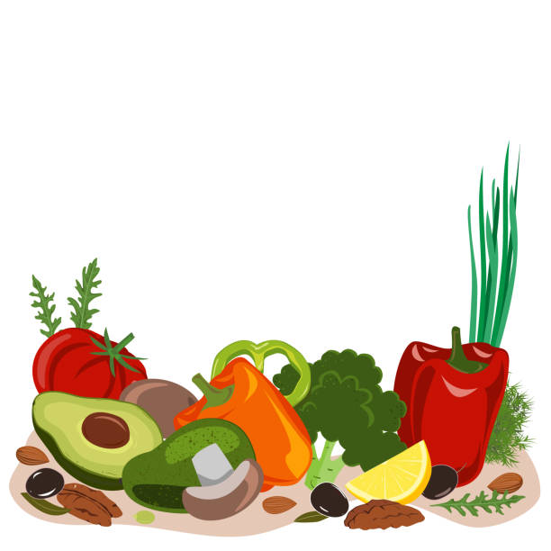 다이어트 음식을 모방 금식, fmd 제품 벡터 일러스트. 야채, 버섯, 올리브, 견과류. - pecan nut isolated protein stock illustrations