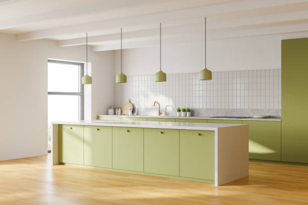 istock White and green kitchen corner with island 1222738952