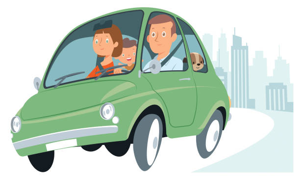 ilustraciones, imágenes clip art, dibujos animados e iconos de stock de familia en un viaje por carretera - family in car