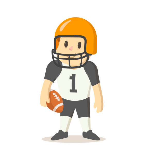 ilustraciones, imágenes clip art, dibujos animados e iconos de stock de jugador de fútbol americano en uniforme, personaje de dibujos animados. ilustración vectorial plana, aislada sobre fondo blanco. - football helmet helmet american football sports helmet