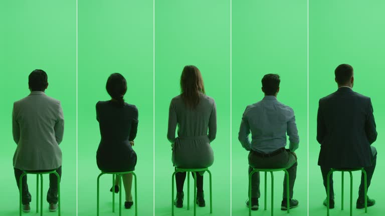 5-in-1 Green Screen Collage: Three Men and Two Women Sitting on the Chroma Key Chair. Back View Full Split Screen Shot. Conference, Audience Concept. Multiple Clips Best Value Package