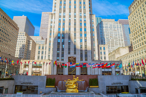 New York: The Prometheus statue in the Rockefeller Plaza. Rockefeller Center is a large complex consisting of 19 commercial buildings in the center of Midtown Manhattan.