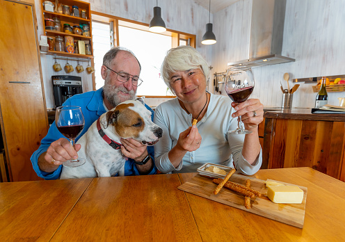 COVID-19 Stay connected. Happy senior couple with pet dog and wine video calling friends on laptop or online chatting with family celebrating easing of coronavirus restrictions lockdown. Hope concept.