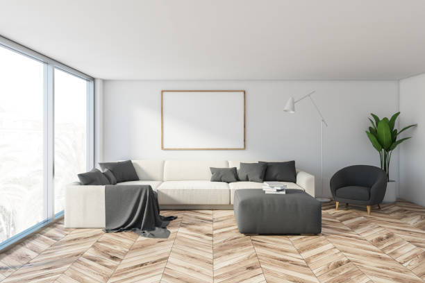 istock Panoramic white living room with sofa and poster 1222740931