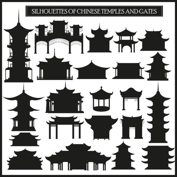 Set of vector silhouettes of Chinese temples Set of vector silhouettes of Chinese temples, gates and traditional buildings. pagoda stock illustrations