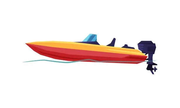 Vector illustration of Power Boat, Speedboat with Outboard Motor, Modern Nautical Motorized Transport Vector Illustration