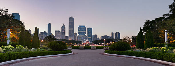 Chicago Grant Park Panoramic image of Grant Park Chicago with Buckingham Fountain in the middle. This is panoramic image- 5 vertical images stitched together in photoshop. grant park stock pictures, royalty-free photos & images