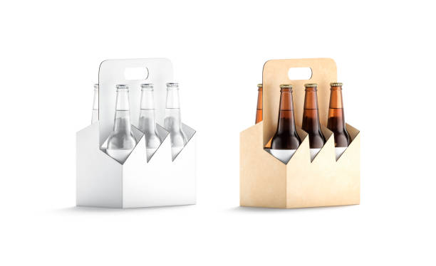 blank craft and white glass beer bottle cardboard holder mockup - drink carton imagens e fotografias de stock