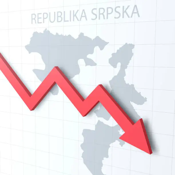 Vector illustration of Falling red arrow with the Republika Srpska map on the background