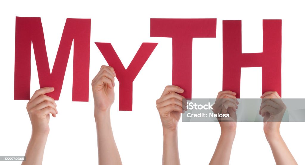 People Hands Holding Word Myth, Isolated Background People Hands Holding Colorful English Word Myth. White Isolated Background Mythology Stock Photo